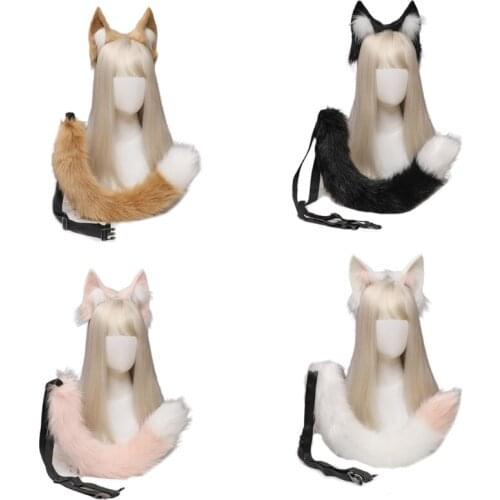 L5YA Plush Animal Ears Headdress Lolita Headwear for Girls Long Tail Furry Hair Hoop