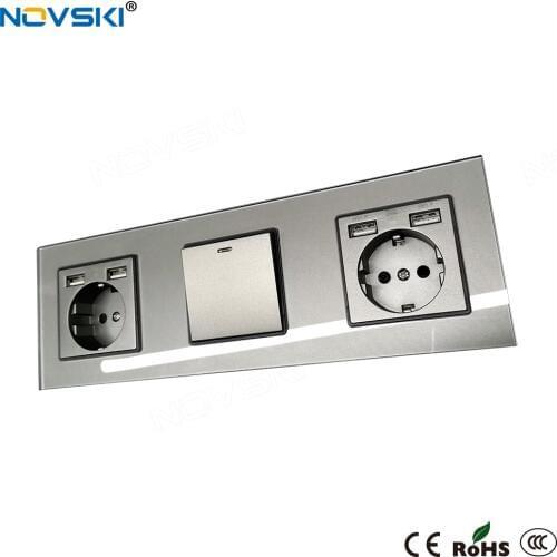 NOVSKI USB German Wall Socket 1-Gang Switch with LED, 16A Triple Electrical Socket Switch Grey Grounded