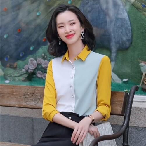 IZICFLY New Korean Style Fashion Patchwork Yellow White Shirt Women Work Wear Slim Casual Fall Office Elegant Long Sleeve Blouse
