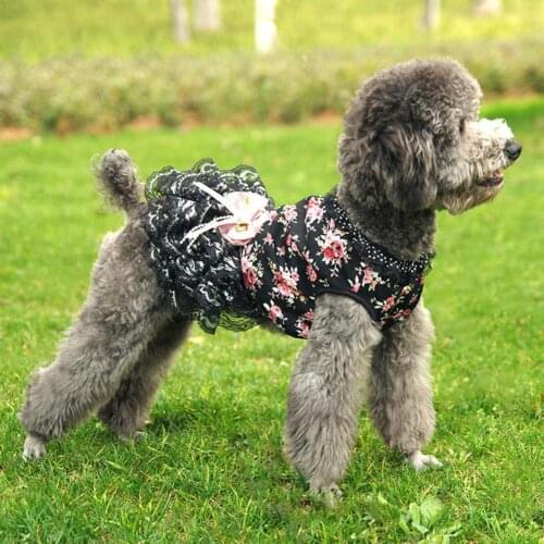 Pet Clothing Floral Print Stylish Durable Breathable Soft Cotton Lovely Black Puppy Princess Dress for Daily Wear