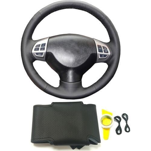 Black genuine leather braid on car steering wheel cover for Mitsubishi Lancer EX 10 Lancer X Outlander ASX Colt Pajero Sport