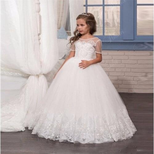 Flower Girl Dresses A-Line Floor-Length Short sleeve Girls Pageant Dresses First Communion Dresses For Girls
