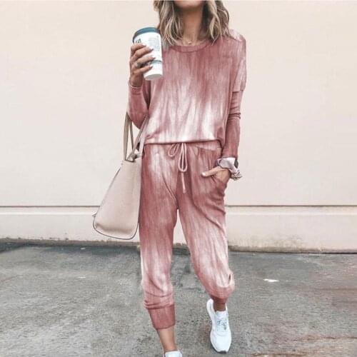 Spring and Autumn Printed Round Neck Casual Long Sleeve Two-piece Fashion Top + Drawstring Casual Pants Casual Pocket Sportswear