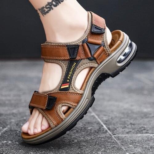 Mens Summer Genuine Leather Sandals Open Toe Outdoor Hiking Air Cushion Slippers Gladiator Soft SportWaterproof Beach Shoes