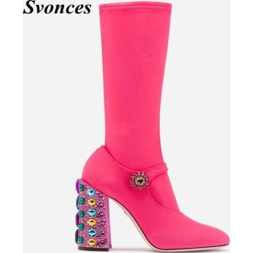 Rhinestone Thick Heel Sock Boots Mary Jane Shoes Pink High Heel Elastic Boots Pointed Toe Chunky Heel Boots Ladies Lolita Style