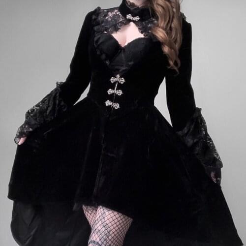 Vintage Black Velvet Gothic Dress Women Elegant Hollow Out Lace Asymmetrical Dress Lace Patchwork Steampunk Party costume