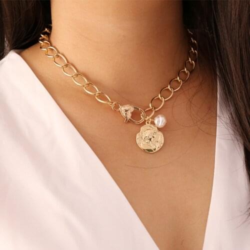 Vintage Pearl Chain Necklace Multilayer Coin Choker Necklace For Women Gold Chunky Pendant Necklaces 2021 Trend Female Jewelry