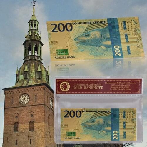 WR Norway 200 Kroner 2017 New Gold Banknotes New Year Gifts Colored Gold Foil Norwegian Bill with COA Frame for Collection