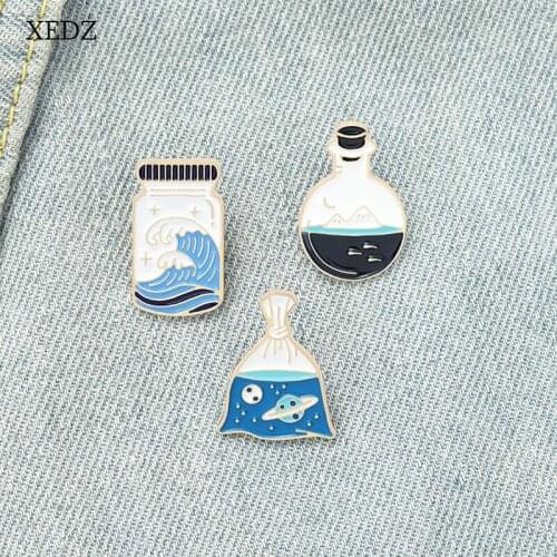 XEDZ Cartoon Blue Ocean Drifting Bottle Enamel Brooch Fashion Wave Planet Mountains Rivers Fish Bag Badge Jewelry Gifts Friends