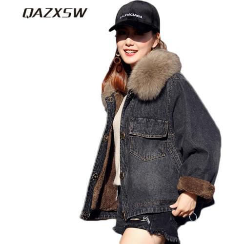 QAZXSW Spring Autumn Women Denim Jacket Plus Size Thick Jeans Coat Women Fur Collar Bomber Jacket Harajuku Casaco Feminino HB546