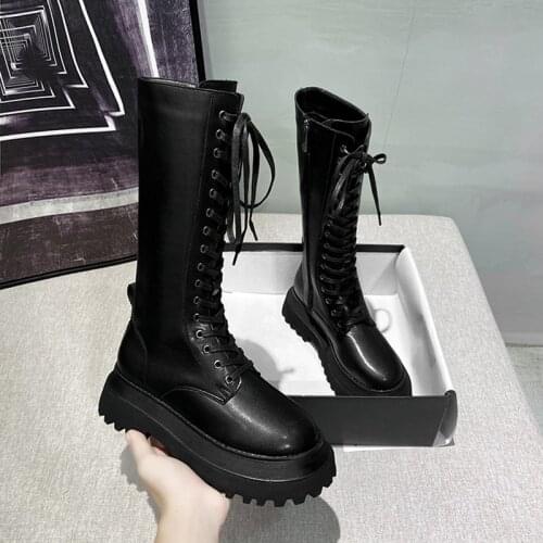 2021 New Winter Boots Women Knee High Long Leather Fashion Lace Up Snow Non-Slip Black Boots Shoes Woman