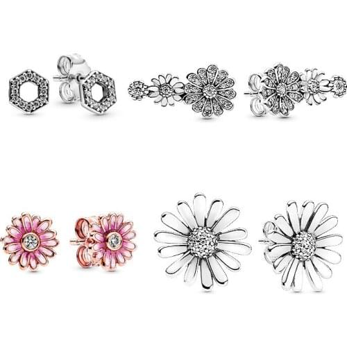 925 Sterling Silver Pandora Earring Pave Daisy Flower Statement Stud Earrings For Women Wedding Party Jewelry