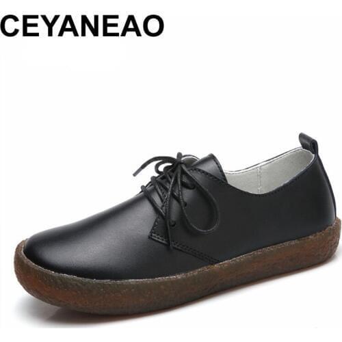CEYANEAO 2018Womens Shoes Genuine Leather Flats Loafers Woman Shoes Lace Up Womens Flat Sneaker Shoes Moccasins