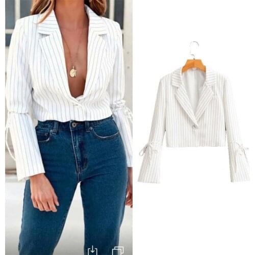 New Short Striped Blazer with Bowknot Women Fashion Street Single Button Suit Office Lady Simple Casual Slim Sexy Deep V Blazers