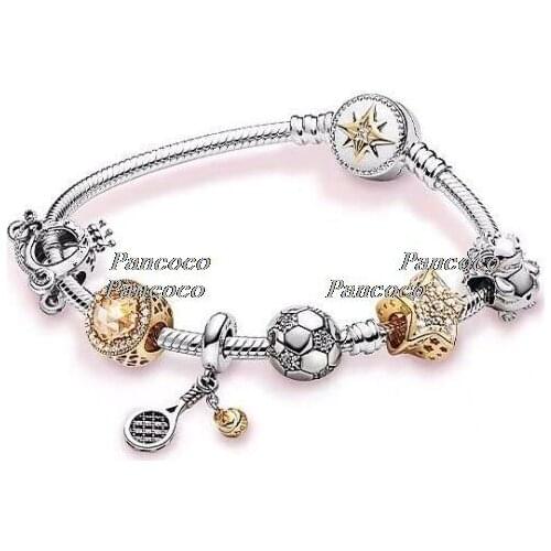 925 Sterling Silver Loves Tennis Racket & Shine Ball Pendant Beaded Bracelet For Women Wedding Gift Fashion Jewelry