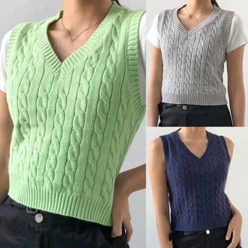 Women Sweater Vest Casual V-neck Retro Preppy Style Sleeveless Pullover Crop Top Oversize Sweater свитер женский Knitted Sweater