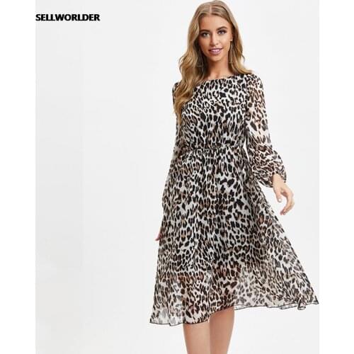 2021 Woman New Summer Office Lady Leopard Print Long Sleeves Elastic Waist A line Dress