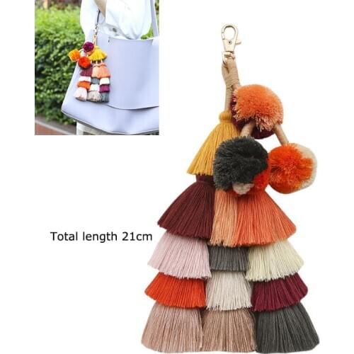 1pc Colorful PomPons Key Chain Big Tassel Bohemian Bag Charms Car Keyring Women Layered Cotton Tassels Accessory Jewelry Gift