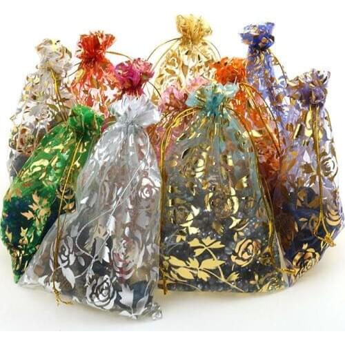 100pc/lot 17x23cm Mixed Color Christmas /Wedding Drawable Organza Voile Gift Packaging Bags Can Customized Logo Printing