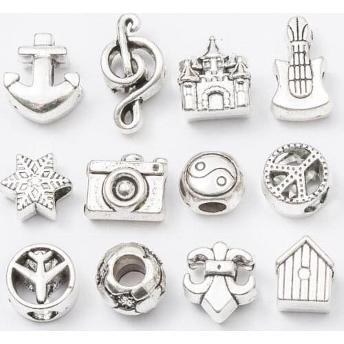 12Pcs/Lot mix Antique Silver Color DIY Zinc alloy Big Hole Spacer Bead Charm Fits Jewelry making Bracelet js1051