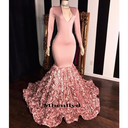 Mbcullyd Mermaid Long Sleeves Evening Dresses 2019 New Formal Pink Elastic Satin robe de soiree African Arabic Prom Party Gowns