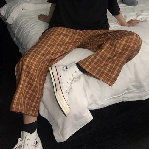 Casual Loose Women trousers Wide Leg Pants 9th trousers summer Elastic Waist plaid Pants Loose Elasticated Trousers