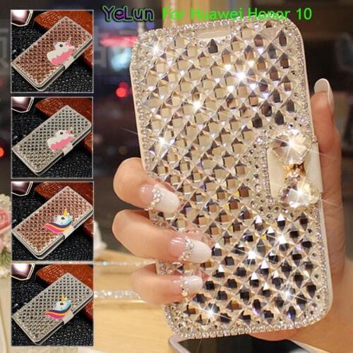 YeLun For Huawei Honor 10 3D Bling Luxury Crystal Rhinestone Bowknot Unicorn Diamond Flip PU Leather Cover Case