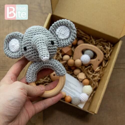 Bite Bites Baby Toys Crochet Amigurumi Elephant Rattle Bell Custom Newborn Pacifier Clip Montessori Toy Educational Baby Rattle