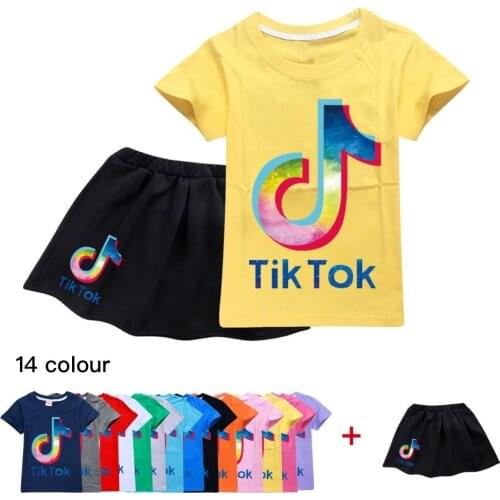 TIK TOK Childrens Wear Set Childrens Wear T-Shirt + Skirt 2 Piece Toddler Girls Cotton Set Cartoon Sports Set