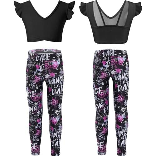 Girls Workout Running Gym Yoga Suits Outfits Activewear V Neck Ruffle Sleeveless Sports Tops with Low-waist Leggings Pants Set