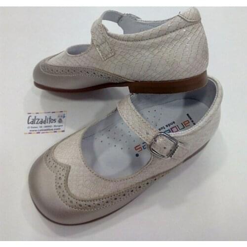 Mary Janes fur in beige and gold with buckle, Andanines