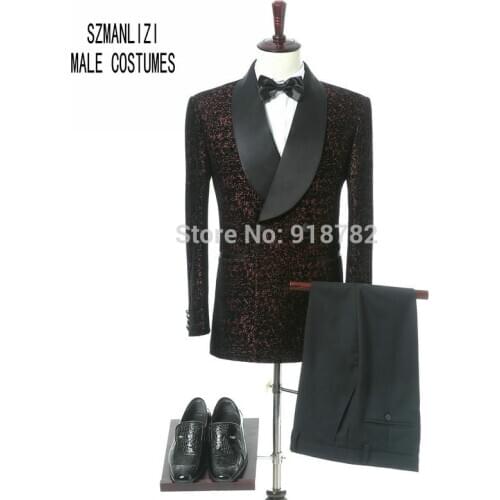 New Bespoke Men Suits With Pants Classic Double Breasted Ternos Slim Fit Burgundy Velvet Wedding Best Man Blazer Groom Tuxedos