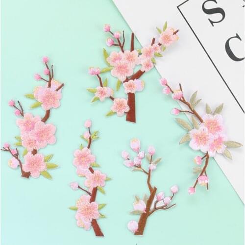 5PCS Peach Blossom Branch Embroidery Patches Cloth Stickers Iron on Patch Badges Plum Flower Appliques DIY Clothes Accessories