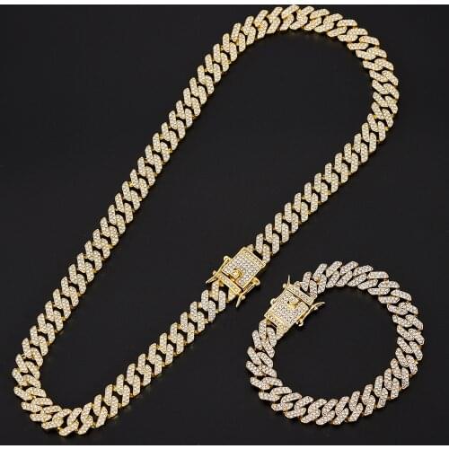 12MM Punk Rhinestone Cuban Link Necklace Miami Iced Out Gold Color 2021 Fashion Mens Hip Hop Bracelets for Men Jewelry Gift