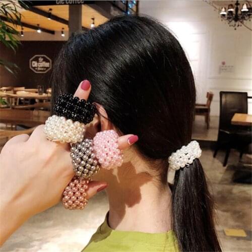 Korean Elegant Imitation Pearl Beads Scrunchies For Woman Fashion Elastic Hair Rope Gum Ponytail Holders Rubber Hair Accessories
