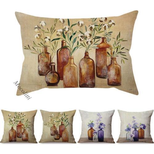 Nordic Windowsill Garden Art Home Decorative Cotton Still Life Oil Painting Style Linen Throw Pillow Case Car Sofa Cushion Cover