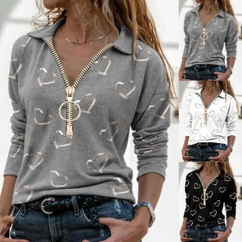 2021 Autumn Spring Women Heart Print Blouses Casual Zipper V Neck Shirt Cotton Long Sleeve Top Elegant Ladies Shirt Streetwear