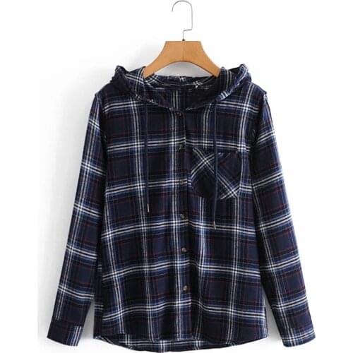 Nice Casual Woman Cotton Plaid Patchwork Hooded Shirts Coat New Spring Vogue Ladies Button Jackets Female Vinatge Outwear
