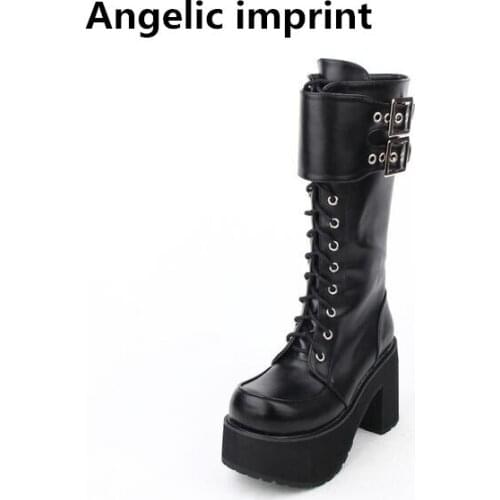 Angelic imprint mori girl Women punk motorcycle boots lady lolita Boots woman high trifle heels pumps platform shoes 47 buckle
