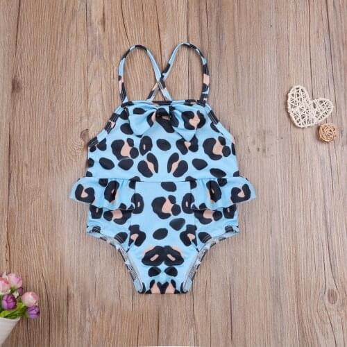 Toddler Girl Spaghetti Straps Swimsuits Sleeveless One Piece Swimwear Leopard Printing Bowknot Decoration Bathing Suits
