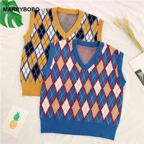 2020 Autumn Women Knitted Waistcoat Vintage Geometric Rhombic Sweater Outwear Casual Sleeveless V-Neck Loose Office Vest