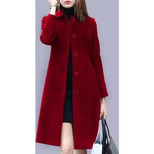 Christmas Warm Overcoat Autumn Winter Woolen Coat Female Mid-Long 2021 Fashion Single Breasted Casual Womens Slim Woolen Coats