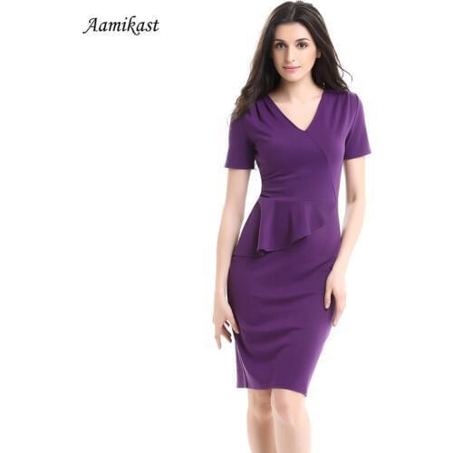 AAMIKAST New Fashion Elegant 2019 V-neck Plus Size Short Sleeve Ruffles Party Pencil Bodycon Evening Business Women Dress