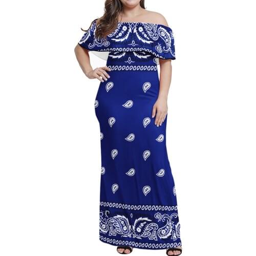 Plus Size Sexy vintage Long Dresses Print On Demand Bandana Print dress Style Womens Party Clothing Shoulder Dresses blue