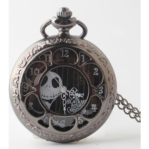 50pcs/lot Black Hollowed Nightmare before Christmas Quartz Pocket Watch Men Women Gift Watch Pendant Fob Watches Wholesale