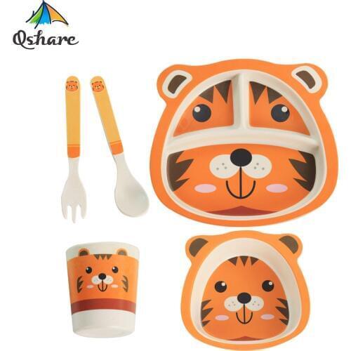 Qshare Bamboo Child Baby Plate Tableware Set Kids Children Dinnerware Set Bbay Dishes Feeding Cup Soup Fork Spoon Utensils