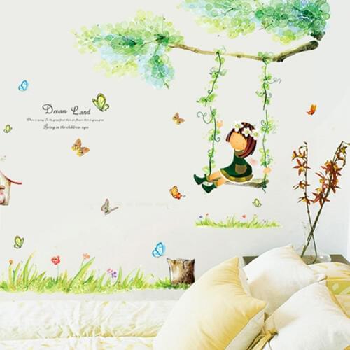 DIY 95*100cm Carton Little Girl Swing Children Room Decoration Wall Sticker Kids Bedroom Wall Decals Adesivo De Parede