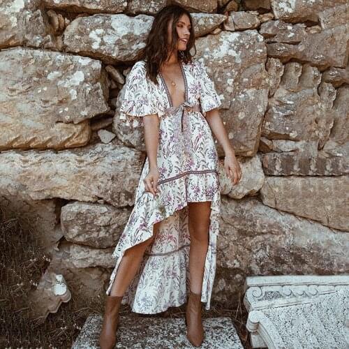 DUISNENA long boho dress floral print plunging neckline backless robe dress irregular big swing women dress vestidos