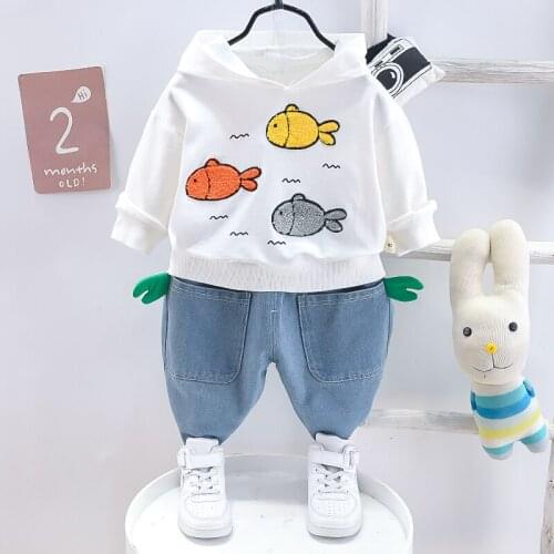HYLKIDHUOSE Autumn Infant Clothes Baby Boys Clothing Sets Kids Cartoon Fish Hooded T Shirt Jeans Children Casual Cotton Outfit