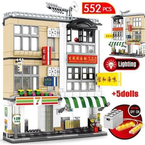 City Creator Hong Kong Street View Restaurant Building Blocks Architecture Noodle House Shop Bricks Figures Toys For Children